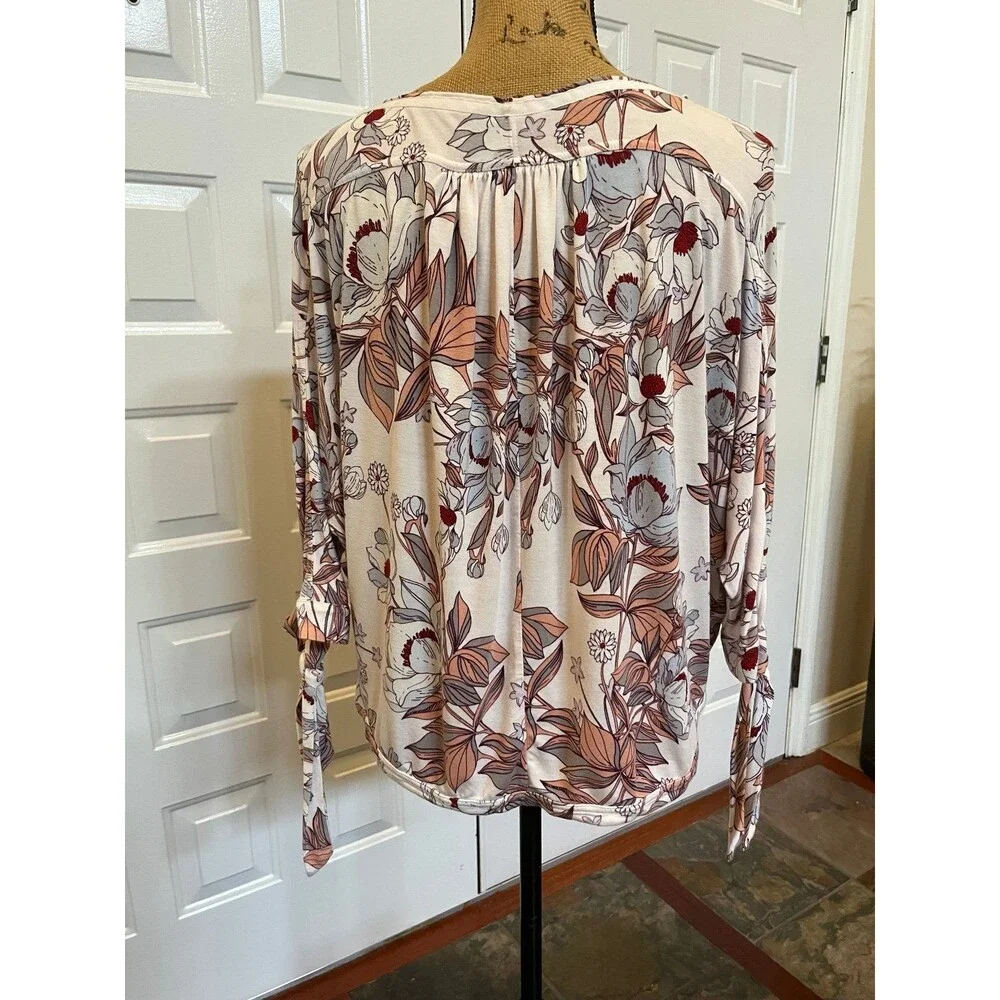 Free People Keepin On Ballet Pink Floral 3/4 Length Tie Sleeve Boho Blouse XS